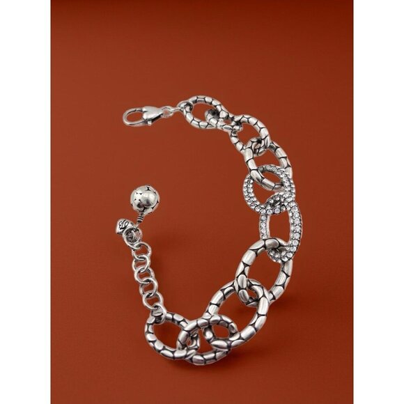 Brighton SILVER TONE TEXTURED CHAIN CRYSTAL 9" BRACELET BALL CHARM - Picture 1 of 5